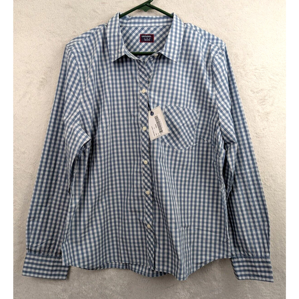 Untuckit sz 14 Shirt crispo blue & white small plaid print top 1425